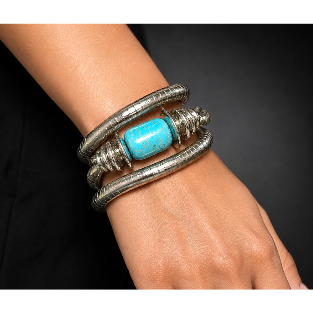 Liquid Silver Tone Wrap Faux Turquoise Beaded Bracelet B-TN27
